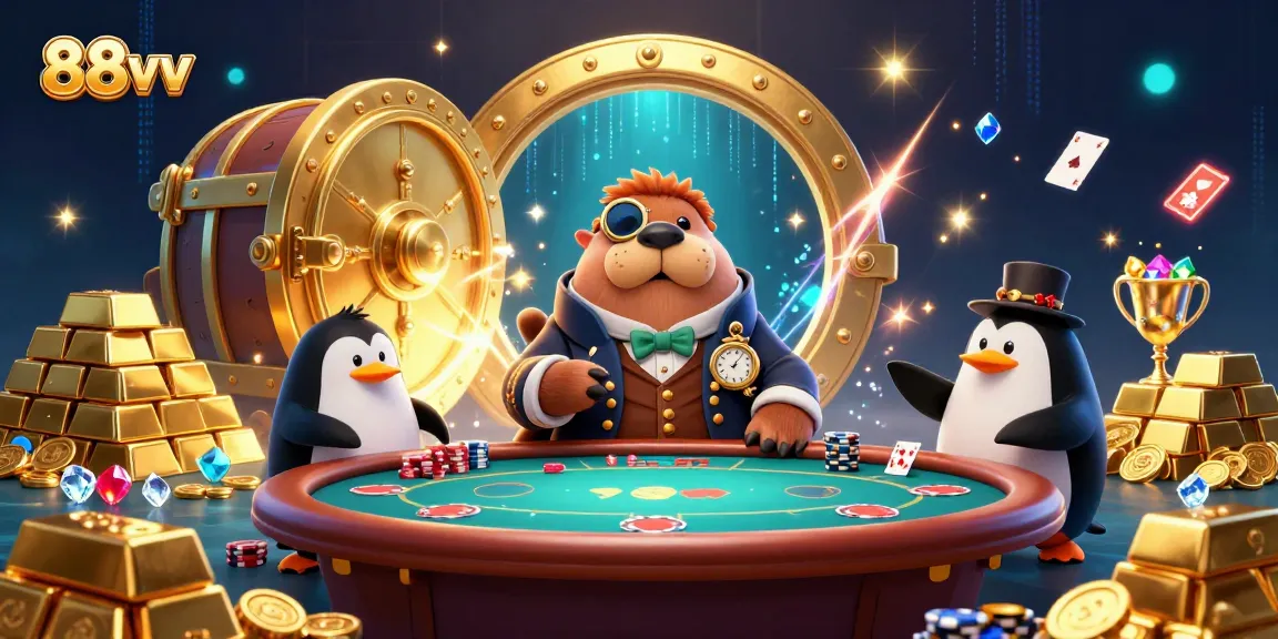 88vv highlights tabletop poker action with a jolly walrus, sophisticated penguin dealer, and bluffing pufferfish.