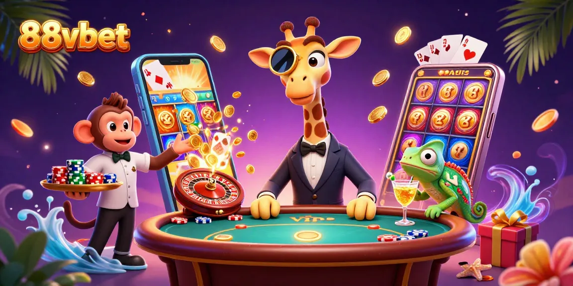 Bet on exciting games with 88vbet: a high-roller giraffe, a monkey valet, and a chameleon bartender celebrating wins.
