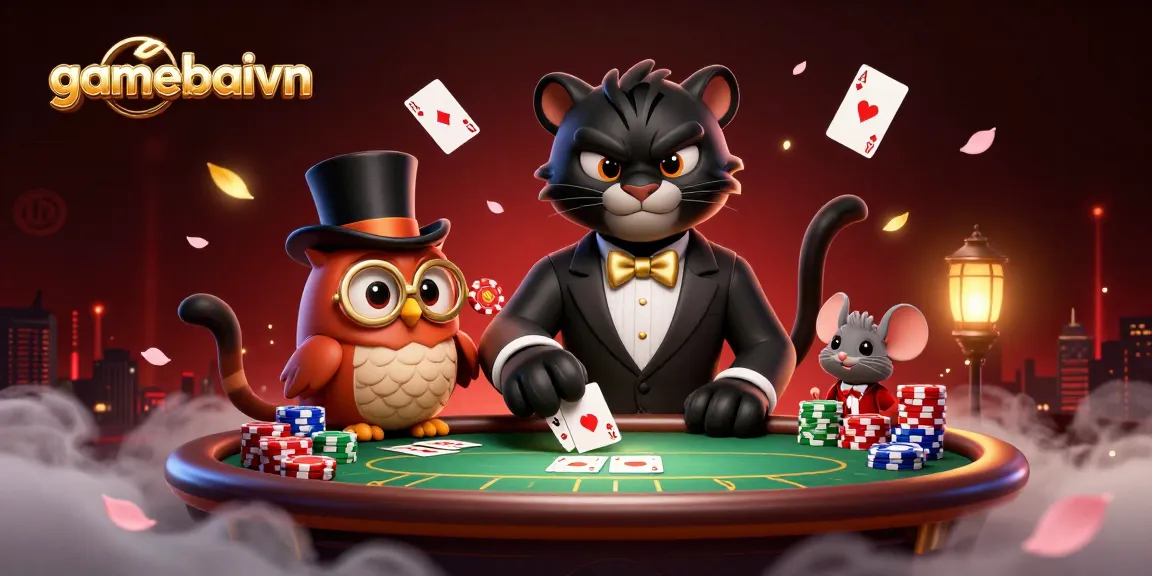 Engage with gamebaivn’s poker scene featuring a sophisticated tuxedoed panther and friends at a dynamic table.