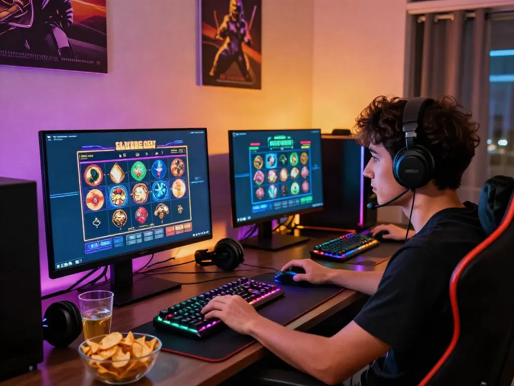 Engaging online gaming scene showcasing a player experiencing situs slot gacor excitement with vibrant displays and gaming peripherals.