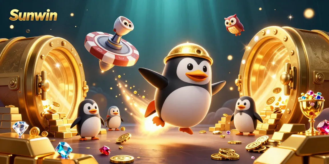 Experience the thrill of Sunwin's casino with golden treasures and a rocket-powered penguin!
