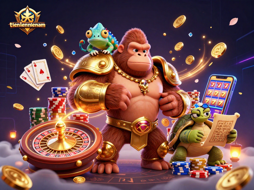 Engage in thrilling Tiến Lên action with powerful gorilla king and wise tortoise in a vibrant casino scene.