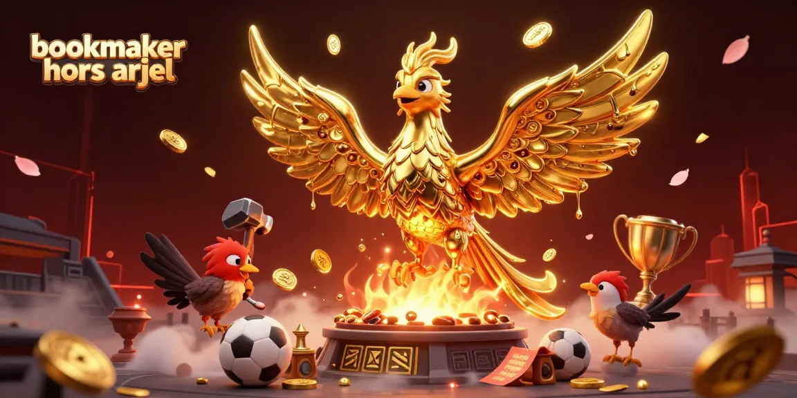 Illustration d'une scène dynamique avec le phoenix doré représentant le bookmaker hors arjel et des éléments de paris sportifs.