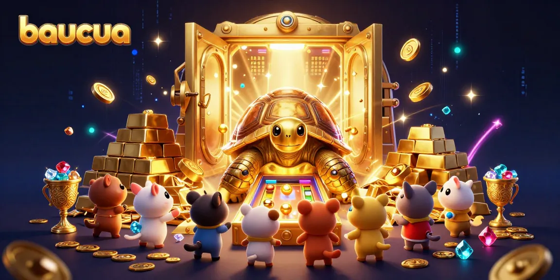 Engage in exciting baucua gameplay with vibrant characters and treasure elements in a lavish casino scene.