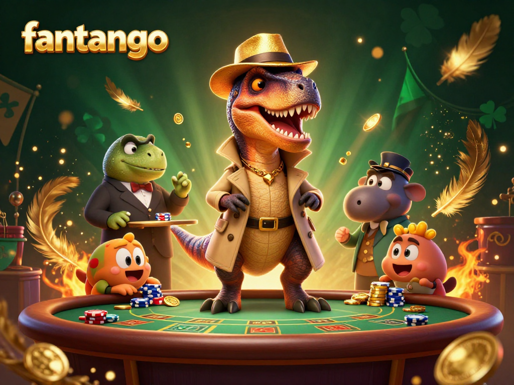 Win big at fantango with the 3D velociraptor card counter in action at a lively casino scene.