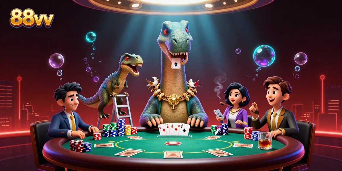 Engage with 88vv poker action in a vibrant, dynamic casino scene featuring unique characters.