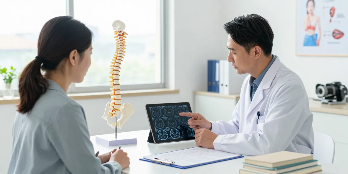 Consultation on boyun fıtığı ameliyatı in a modern clinic with a focused surgeon and engaged patient.