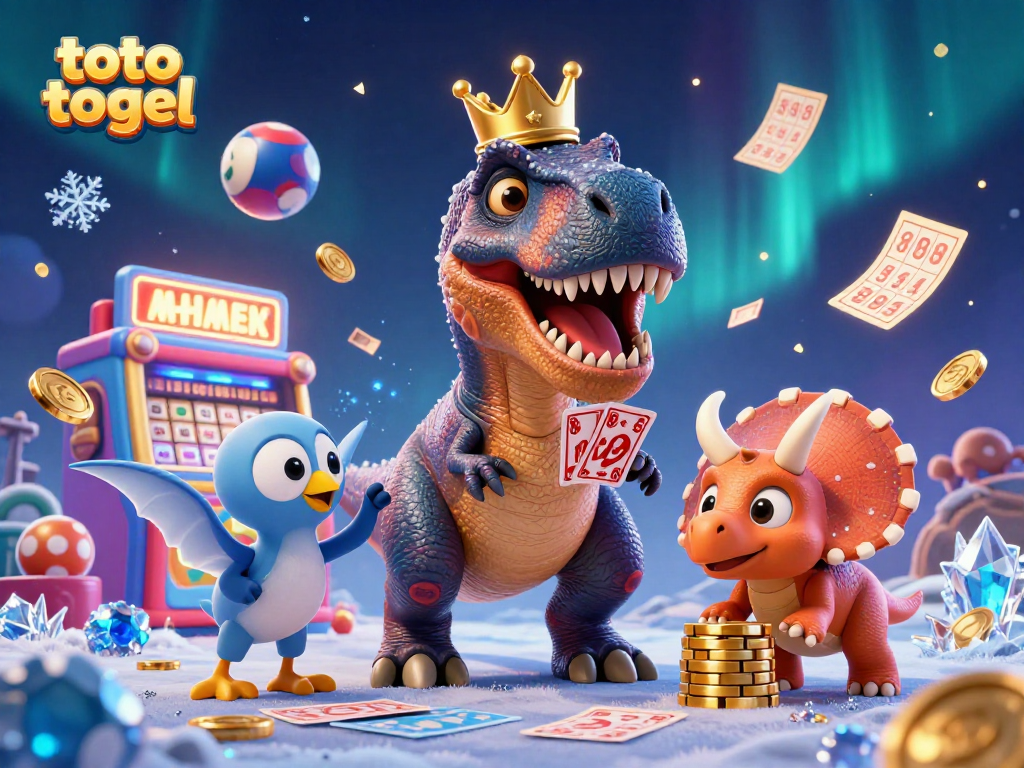 Engaging toto togel scene with friendly dinosaurs playing cards and stacking chips, showcasing lottery excitement.