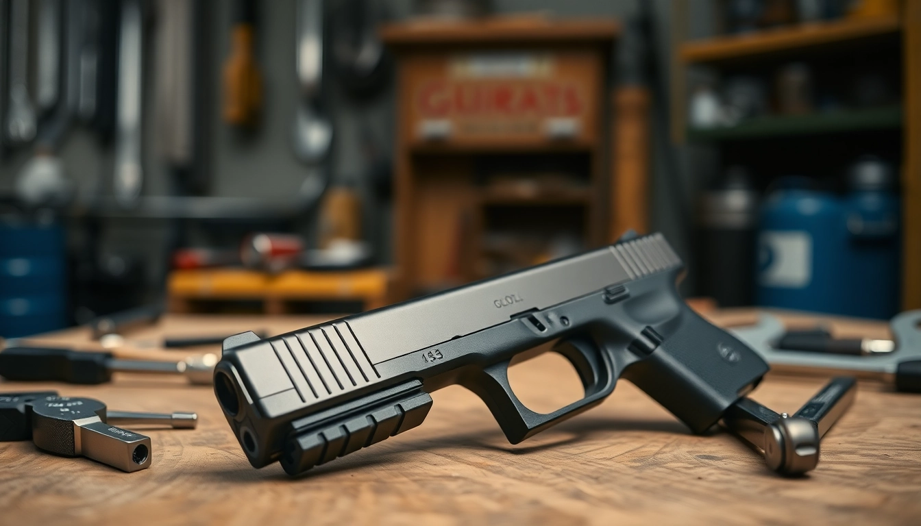 Glock 43 slide showcased with tools, highlighting precision crafting and craftsmanship.