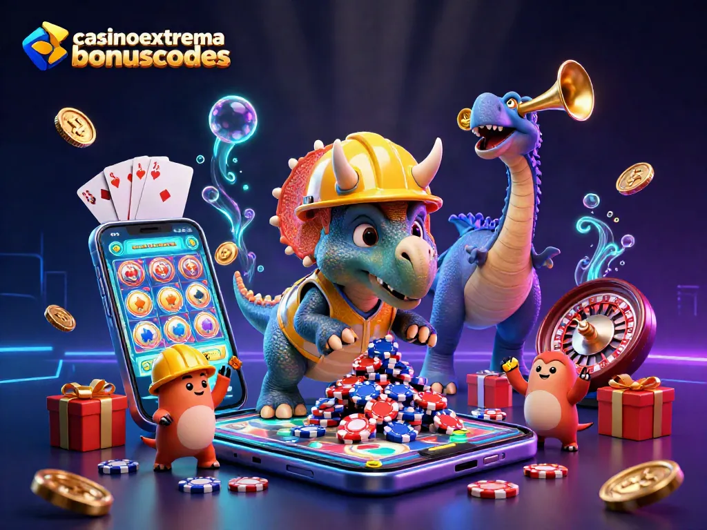 Join the fun with casinoextremebonuscodes in a vibrant 3D casino-themed illustration