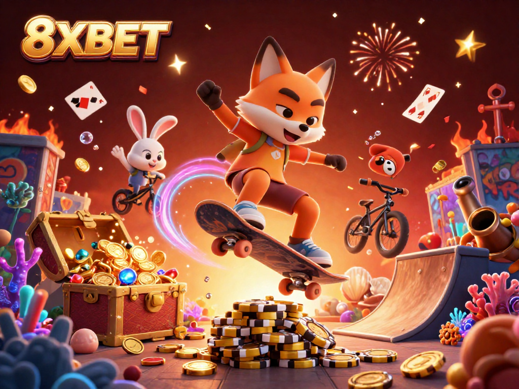 Experience 8XBET's vibrant gaming world with dynamic characters celebrating casino adventures.