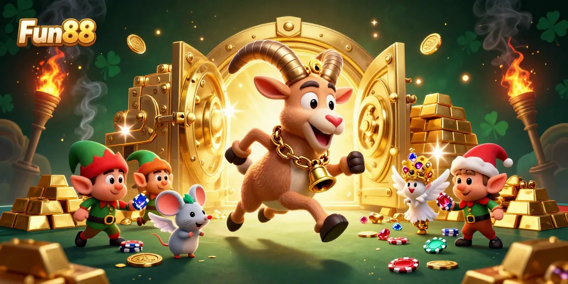 Experience the thrill of Fun88 with a vibrant casino scene featuring Krampus and a tiny angel mouse amidst overflowing treasure.