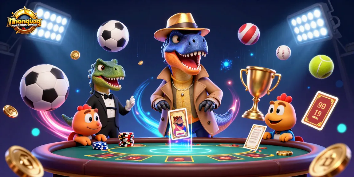 Engage in strategic play with nhanquagamebai's dynamic casino illustration featuring vibrant characters and game elements.
