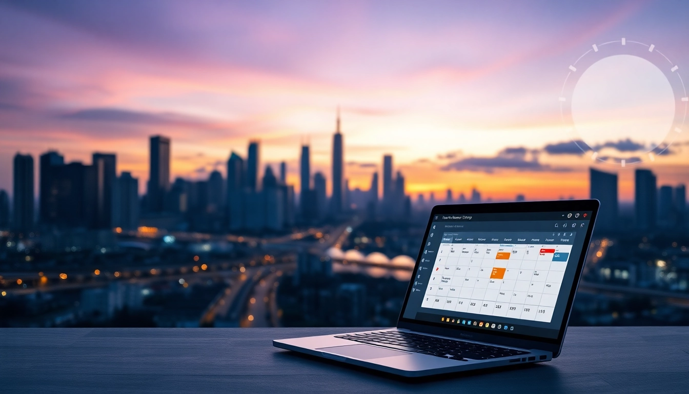 Visualizing AI scheduling with time zones through a global skyline and a scheduling interface on a laptop.