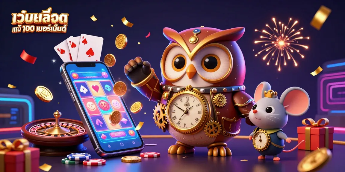 Experience the thrill of เว็บสล็อต แท้ 100 เปอร์เซ็นต์ with a vibrant 3D scene featuring an owl and mouse in a casino.