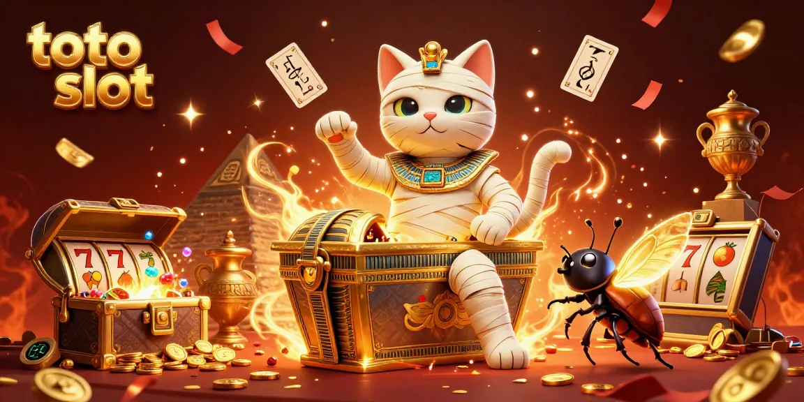 Spin the reels at toto slot with a dynamic scene of an Egyptian mummy cat and rich casino elements.