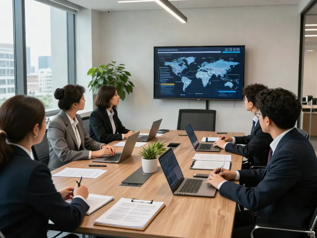 Lead Roedl team collaborating in a modern office, discussing international legal strategies.