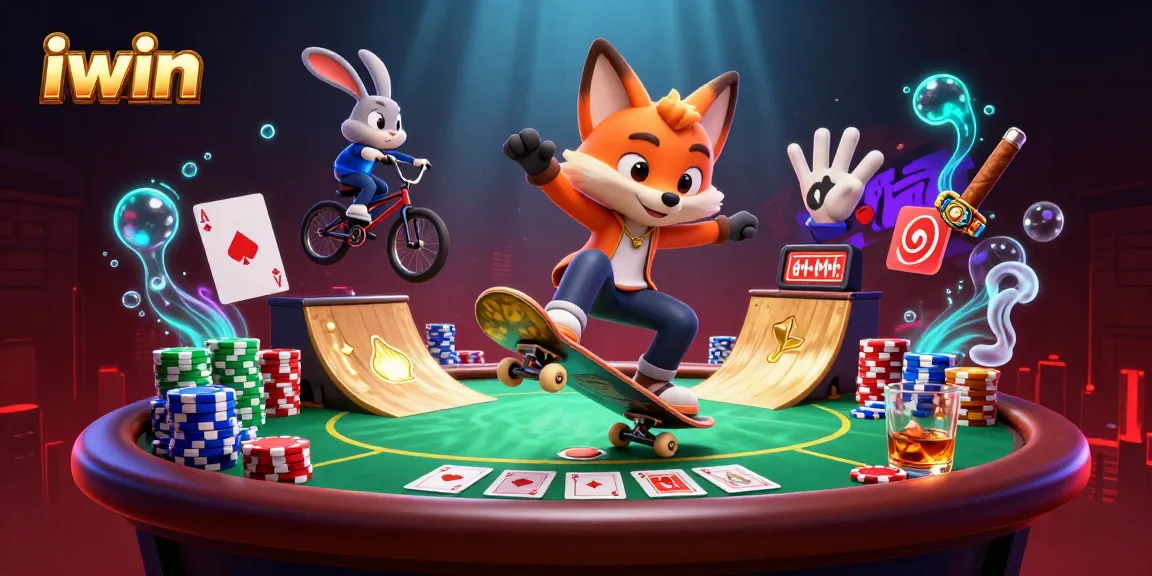 Experience thrilling moments with iwin as a fox performs tricks over luminous poker chips.