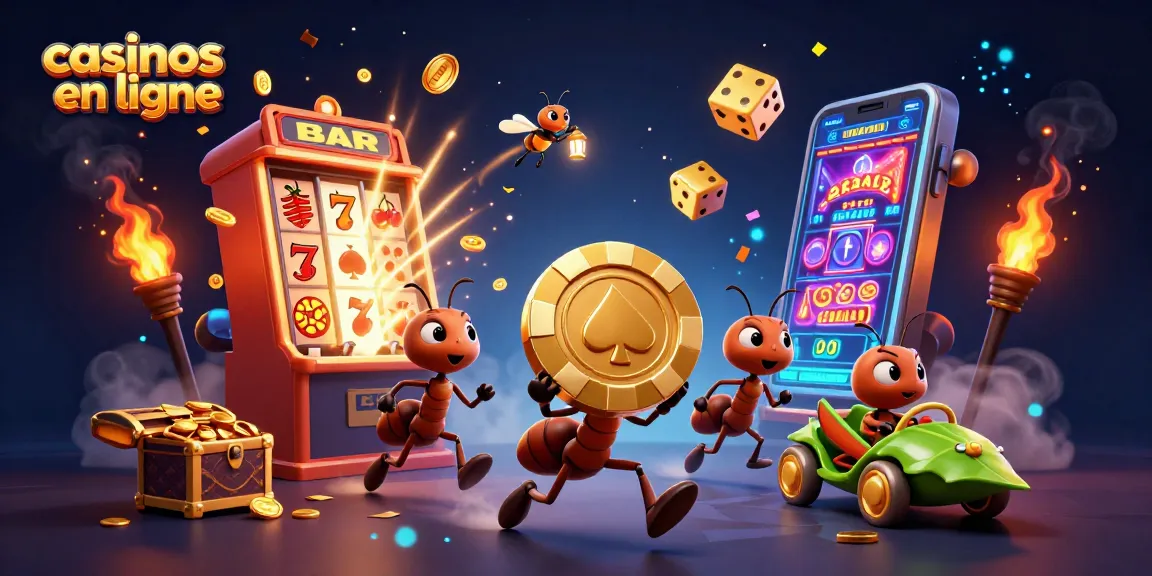 Les casinos en ligne se déroulent dans une scène dynamique avec des fourmis et un escargot récoltant des jetons dorés.