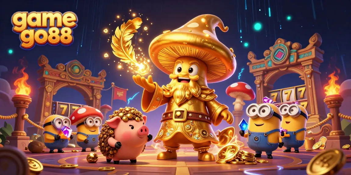 Win big with game go88, featuring a magical golden mushroom wizard in a vibrant casino scene.