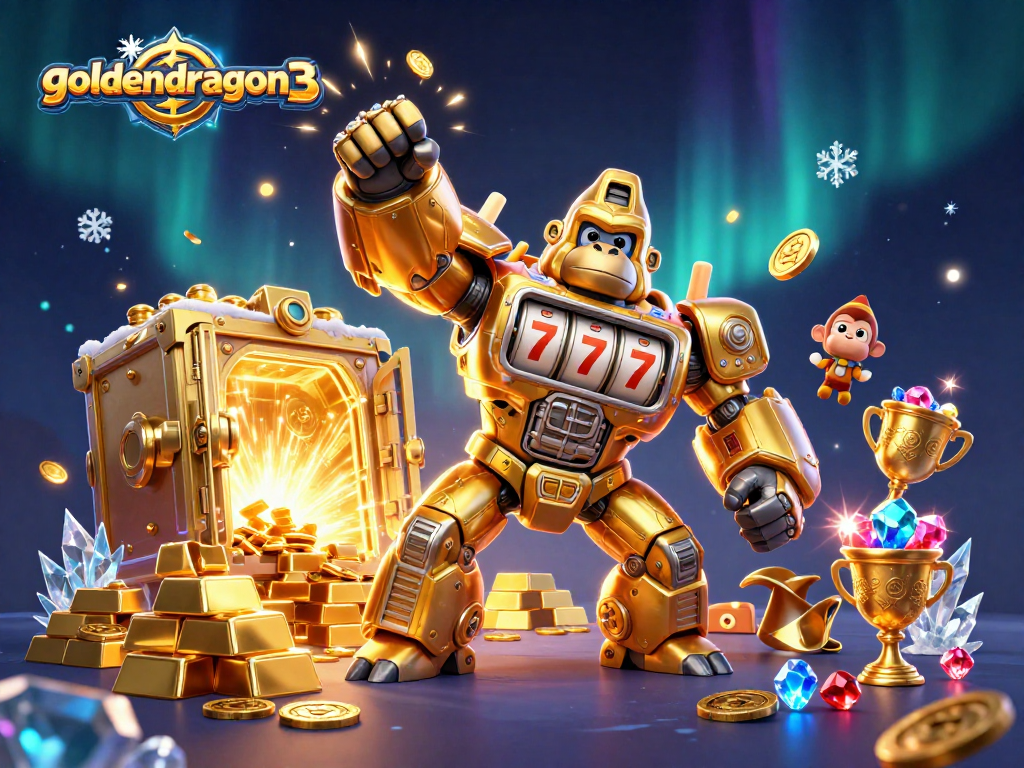 Experience thrilling wins with goldendragon3 slots, featuring a dynamic golden gorilla mech and treasure!