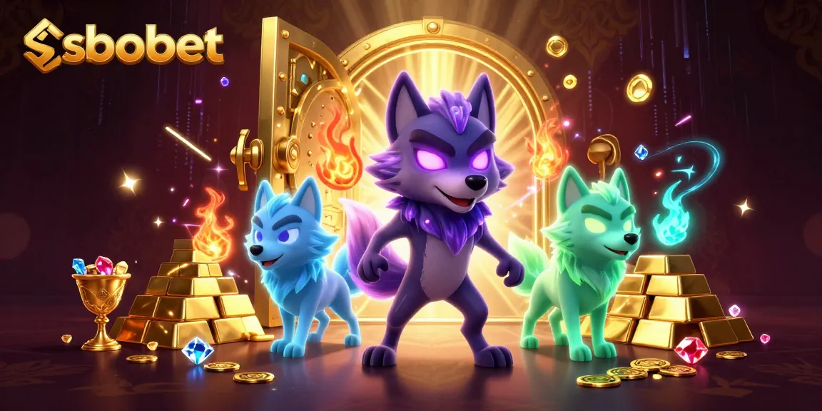 SBOBET sport betting action showcasing wolf characters with glowing eyes amidst treasure and casino elements