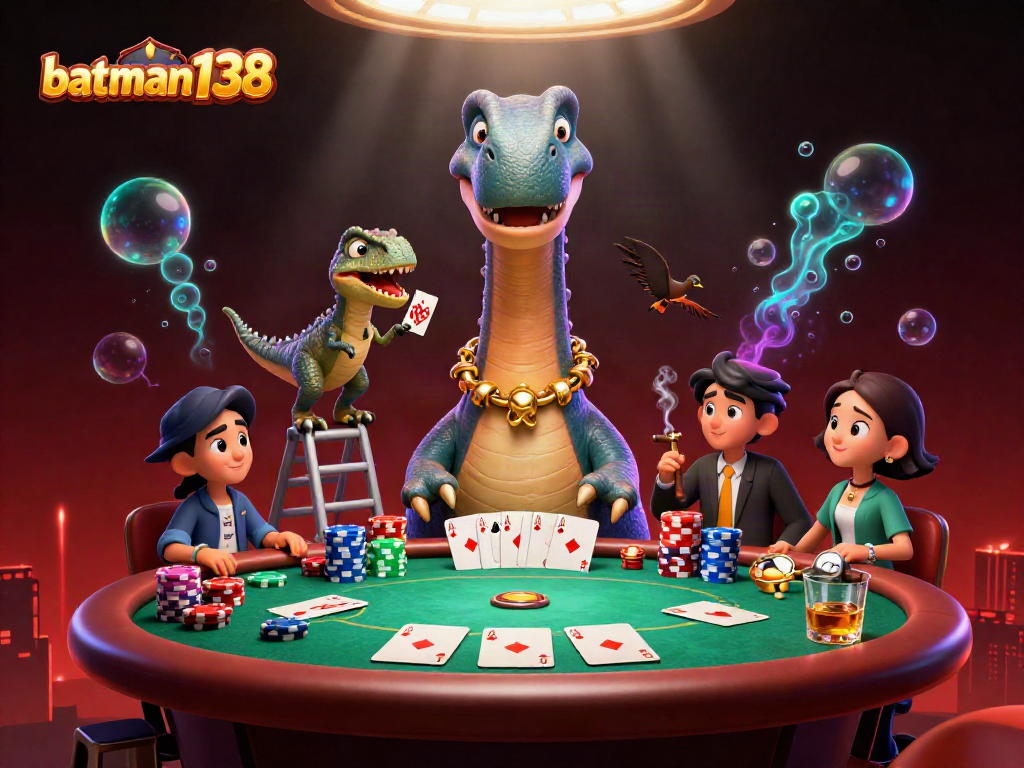 Engage with the immersive batman138 casino scene showcasing a giant brontosaurus at a poker table.