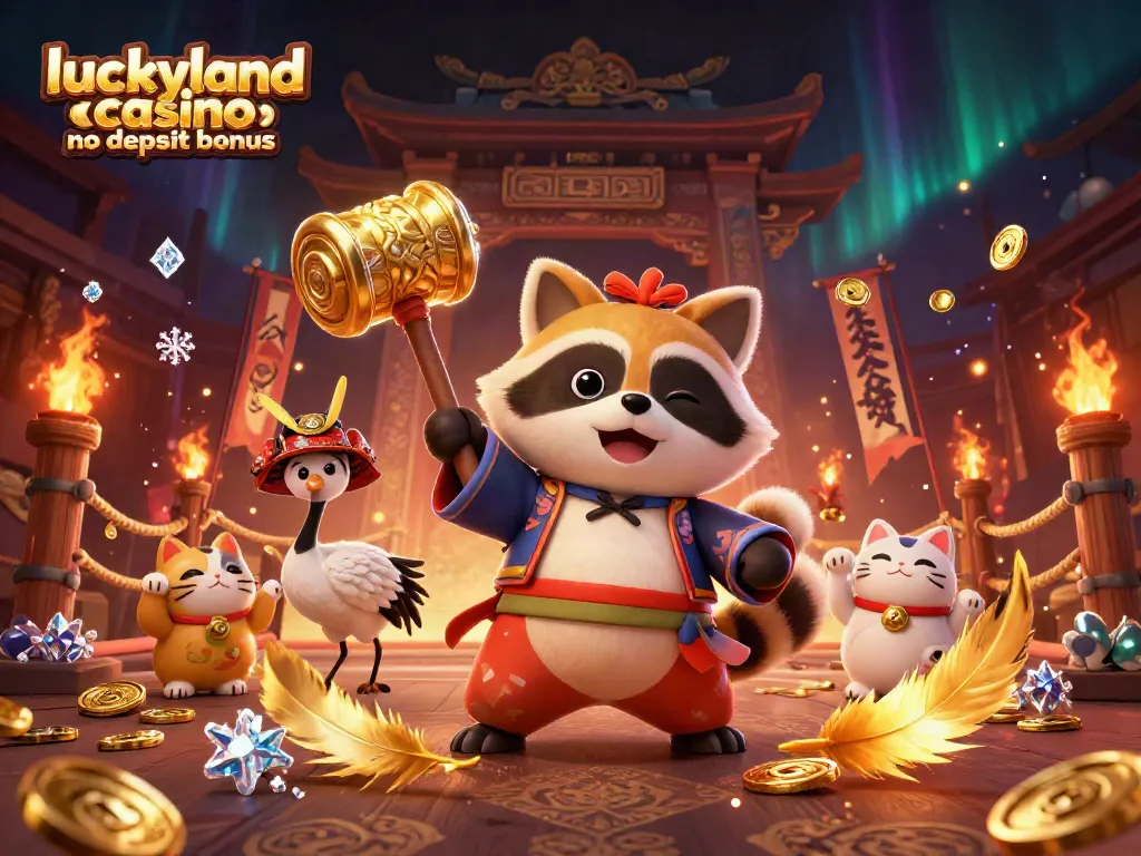 Enjoy the luckyland casino no deposit bonus with festive characters amidst a vibrant online gaming scene.