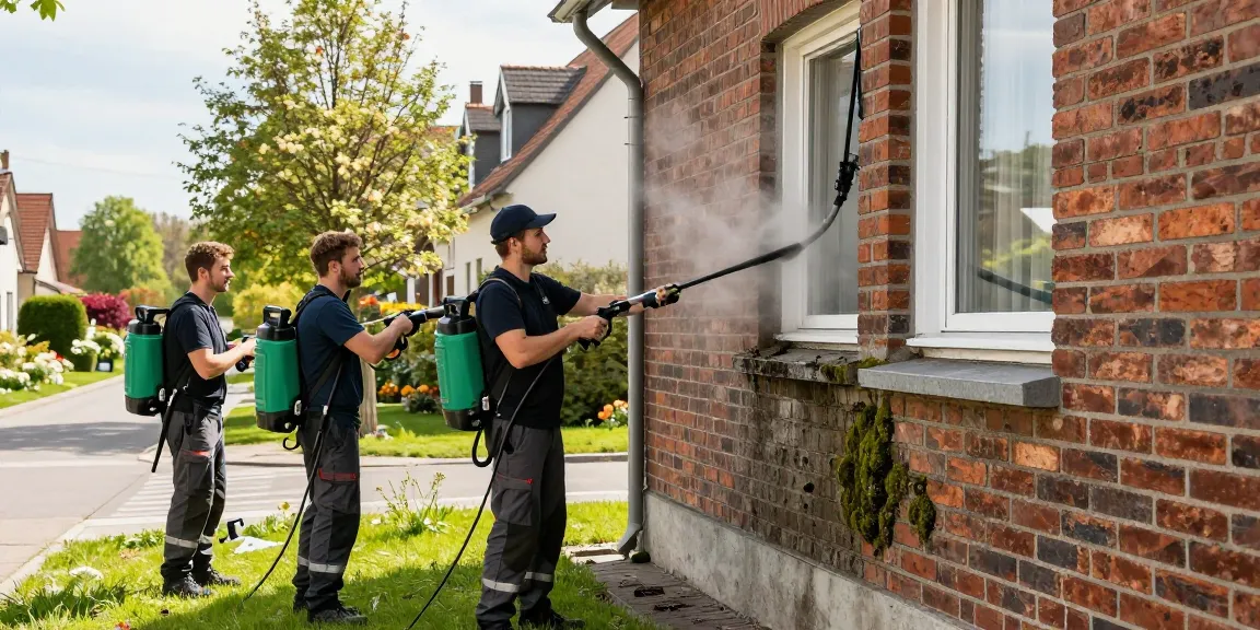 Professionelle Reinigung Bad Laasphe: Team bei der Fassadenreinigung mit umweltfreundlichen Mitteln.