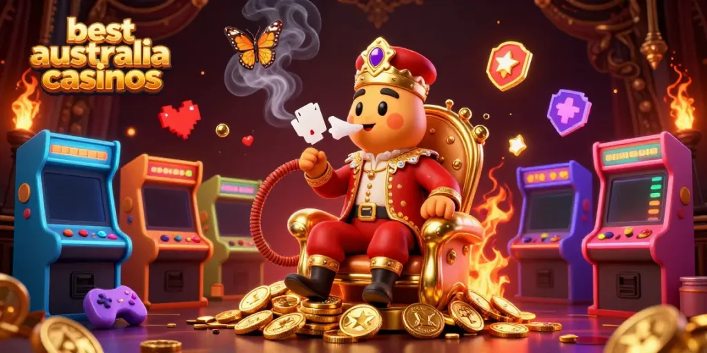 Engaging scene depicting the best Australia online casinos with the caterpillar casino master and gaming elements.