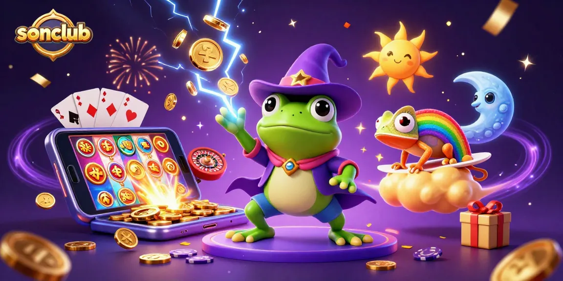 Experience the excitement of sonclub with a whimsical scene of gaming characters and vibrant casino elements.