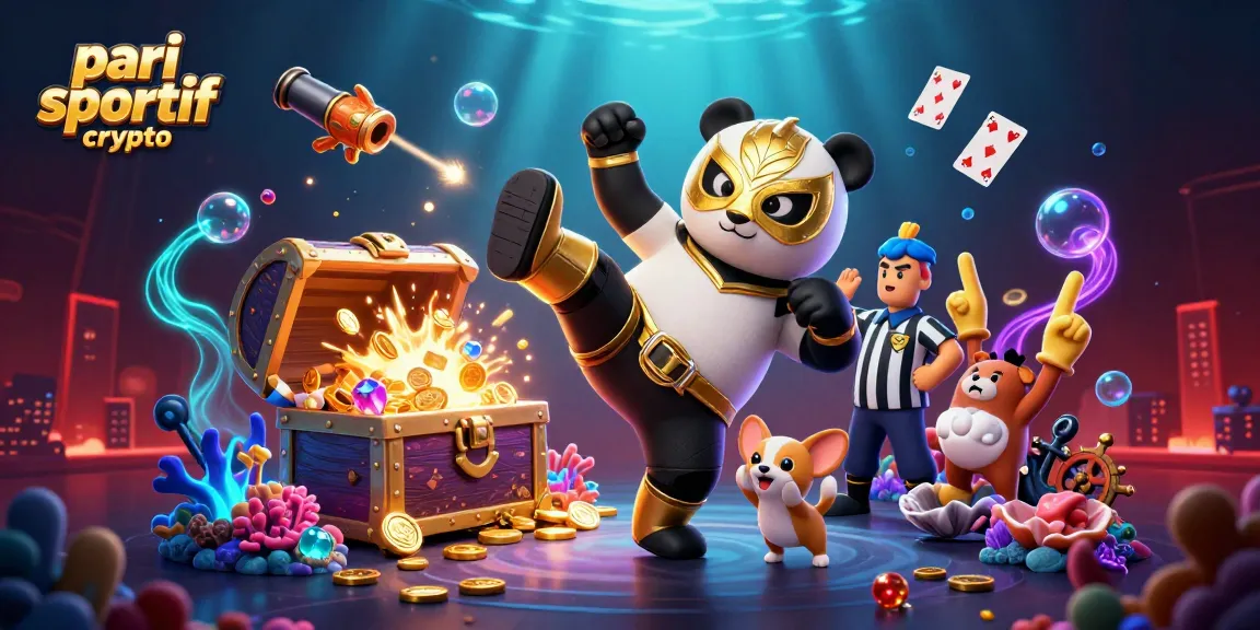 Pari sportif crypto, mise en scène excitante avec un panda lutteur et un chien arbitre entourés d'éléments de jeu.
