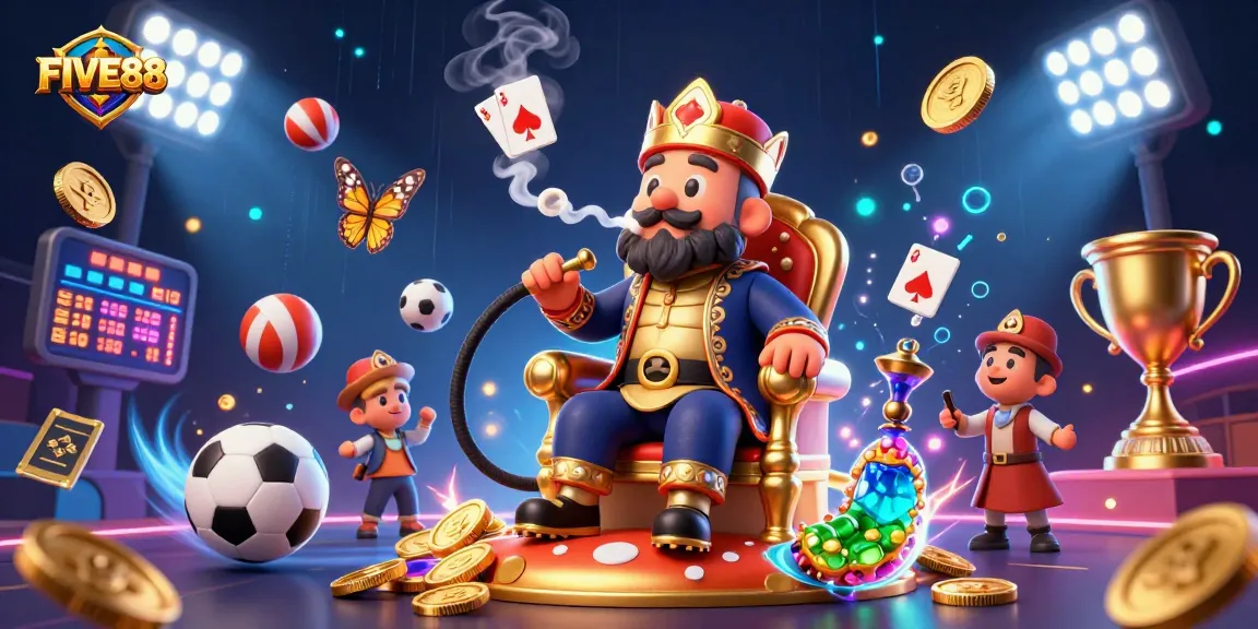Engage with FIVE88's vibrant casino scene featuring a caterpillar hookah-master amidst dynamic sports action.