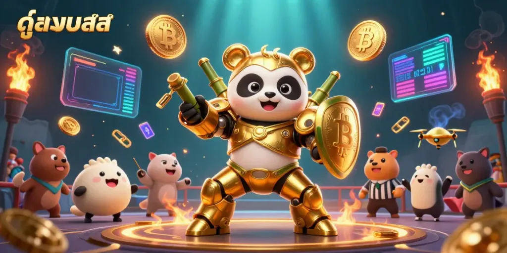 Experience thrilling ดูบอลสด with an exciting illustration of a mech-suit panda in a dynamic battle arena.