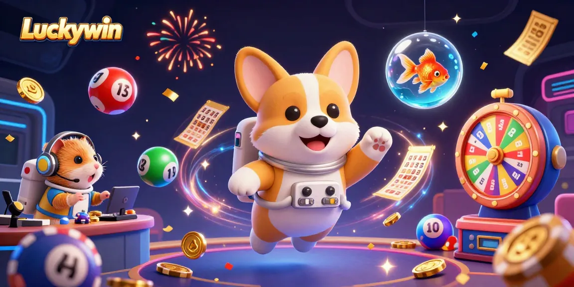 Engage with Luckywin's thrilling lottery scene featuring a racing astronaut corgi and vibrant gaming elements.