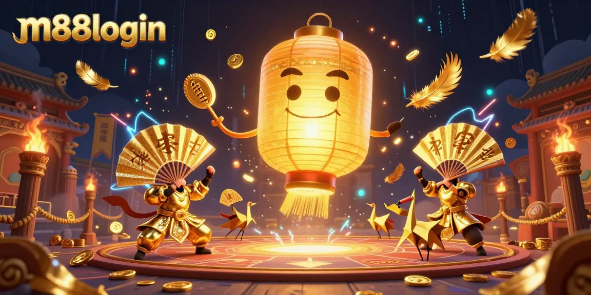 Engage with vibrant m88login casino experience featuring iconic golden lantern and warriors amid swirling game elements.