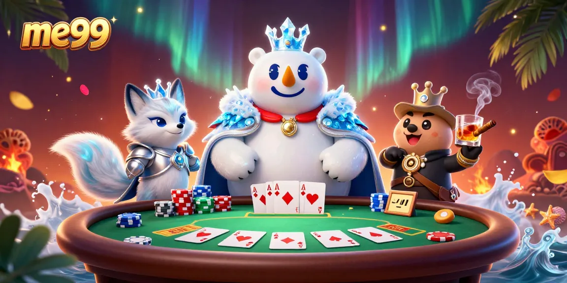 me99 captures the excitement of poker with a polar bear king and his fox guardian in action.