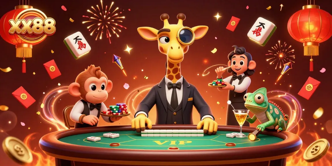 Experience excitement at xx88 with a high-roller giraffe, chameleon bartender, and monkey valet in a vibrant casino scene.