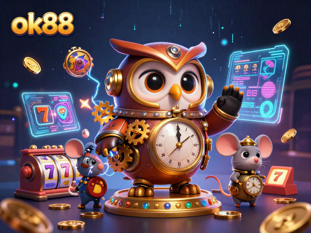 Experience thrilling jackpots at ok88 with a dynamic 3D illustration featuring an owl and casino elements.