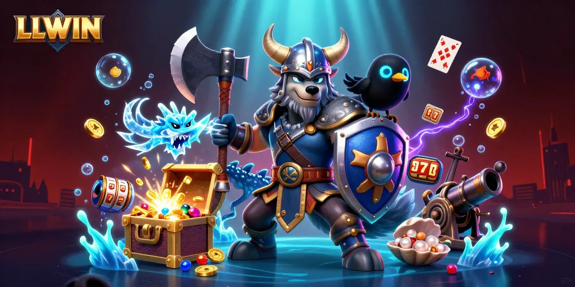 LLWIN showcases an exciting 3D casino adventure with a Viking wolf warrior, dragon, and treasure, highlighting thrilling gaming.