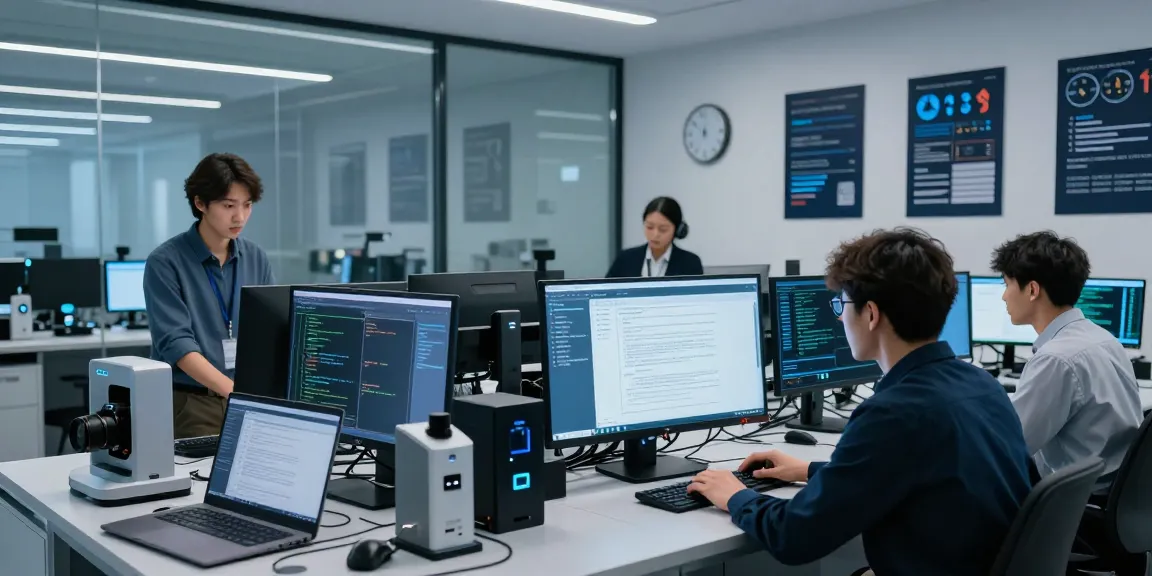 Team analyzing document fraud detection software in a high-tech cybersecurity lab.