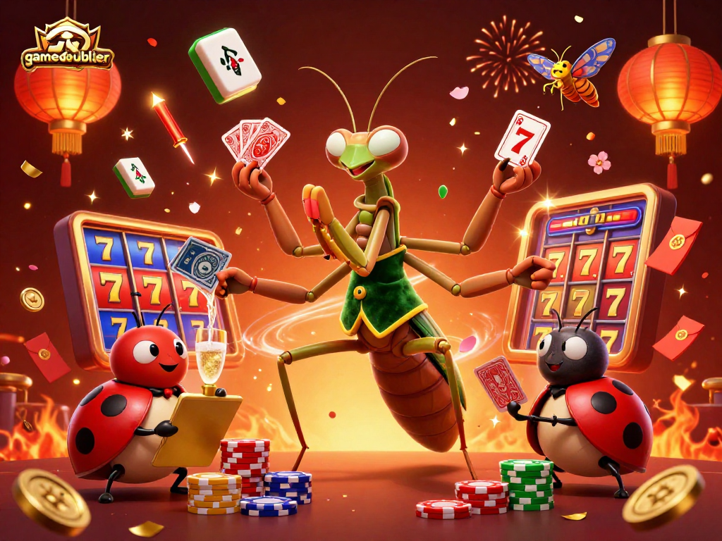 Experience the excitement of gamedoubler with a vibrant casino scene featuring unique characters and game elements.