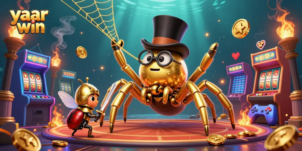 Experience the thrill of yaar win with a golden tarantula and a beetle knight in a vibrant casino scene.