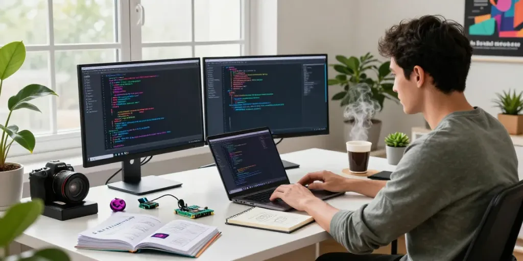 Explore open-source apps on h5.2113.net in a vibrant home office workspace.