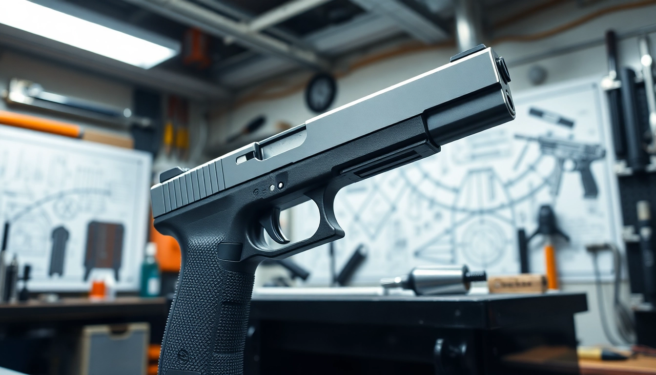 Examine a glock 19 slide showcasing remarkable precision in an expertly lit workshop setting.