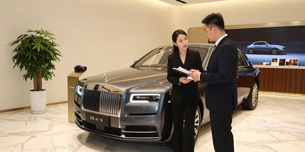 Menampilkan LUXURY 777, mobil mewah di showroom dengan agen menjelaskan fitur kendaraan.