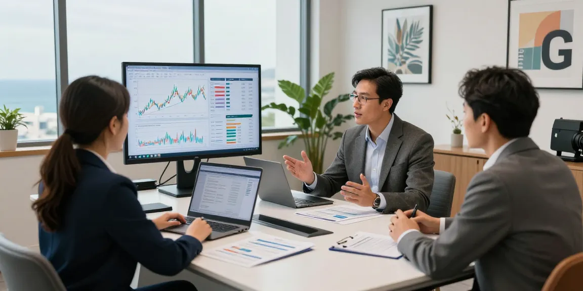 Financial Advice Gold Coast consultation in a modern office with advisors and clients reviewing investment strategies.