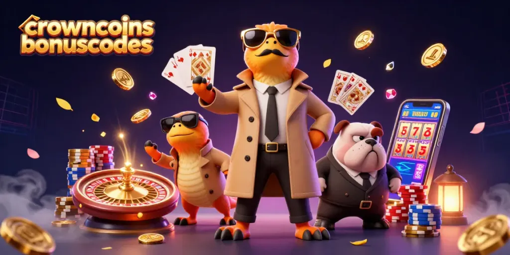 Engage with crowncoinsbonuscodes and watch three raptors in a trench coat enter a vibrant casino scene.
