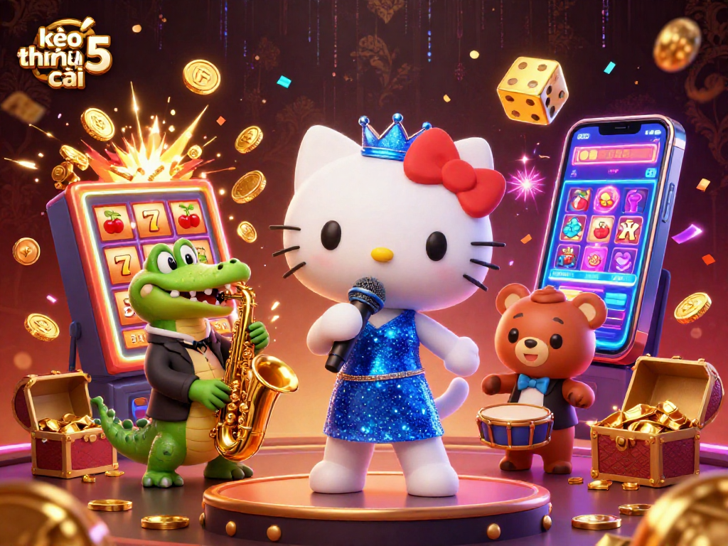 Experience kèo nhà cái 5 with vibrant casino characters and dynamic jackpots in a colorful illustration.
