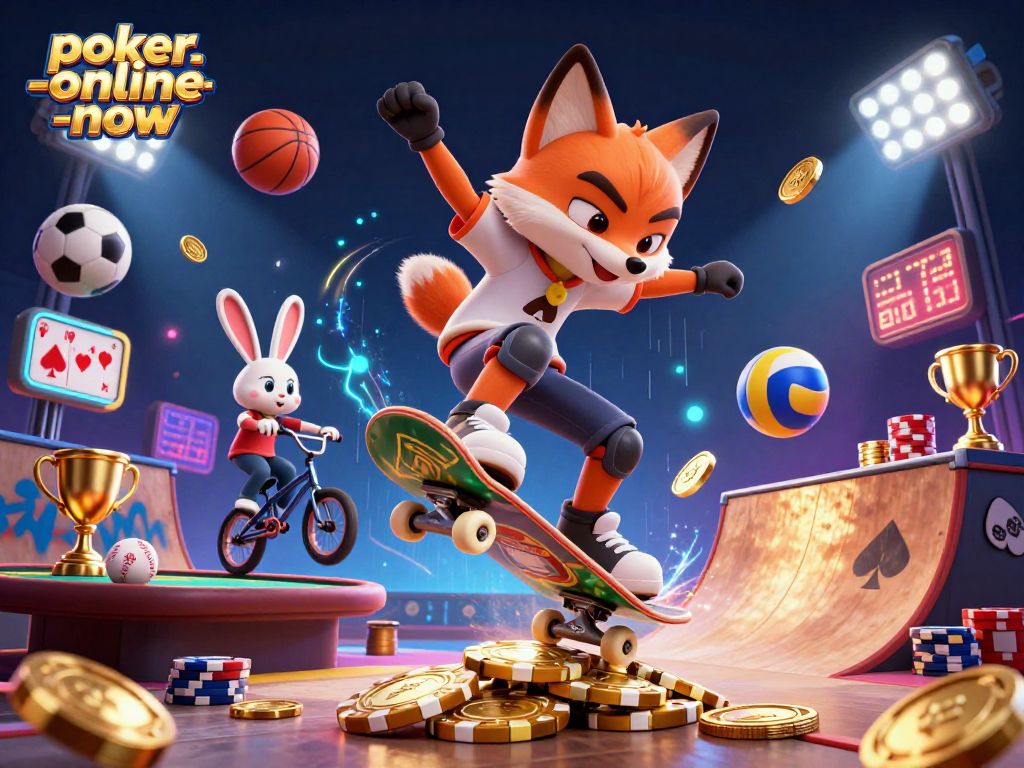 Engage with poker-online-now in this vibrant 3D casino scene featuring dynamic characters and poker elements.
